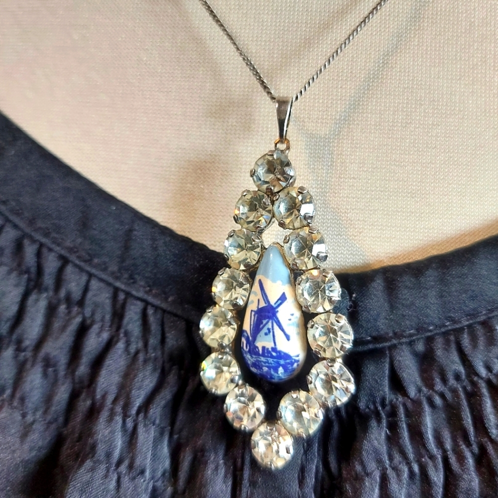Antique Dutch Delft Blue Pottery Necklace